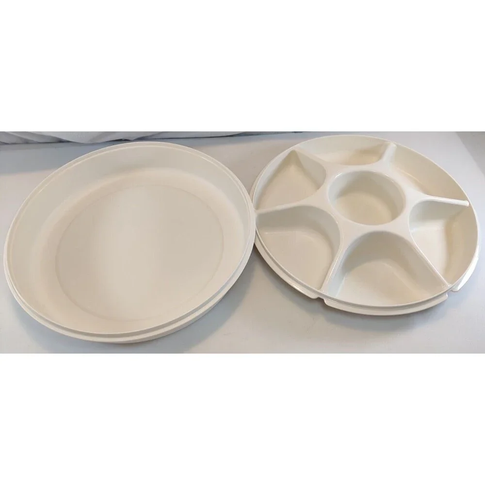 Vintage-Tupperware Serving Center Tray Almond Veggie 1665-3 With Lid 1666-1 USA